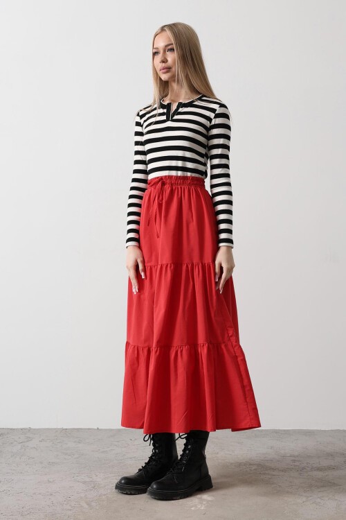 Kırmızı Bağcıklı Beli Lastikli Fırfırlı Maxi Boy Etek