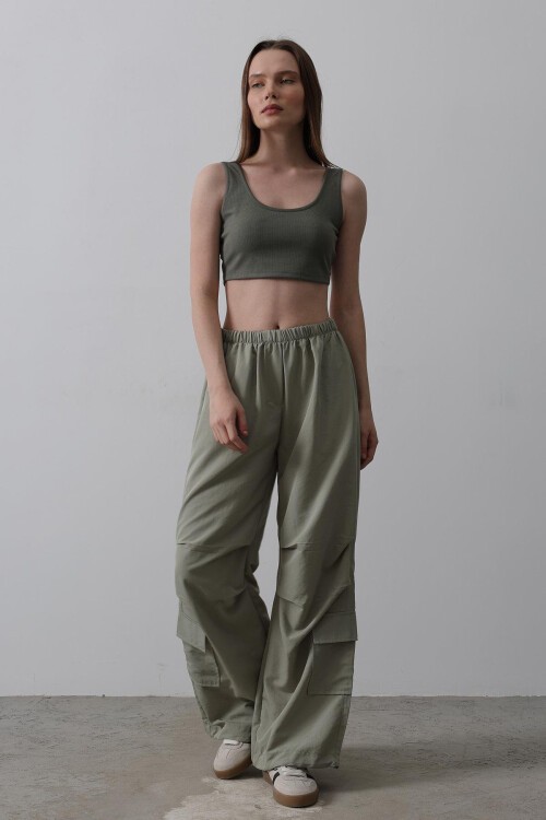 Haki Beli Lastikli Paraşüt Kargo Pantolon