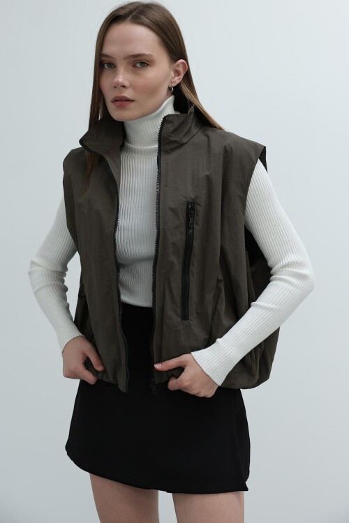 Haki Fermuar Cepli Beli Lastikli Paraşüt Yelek