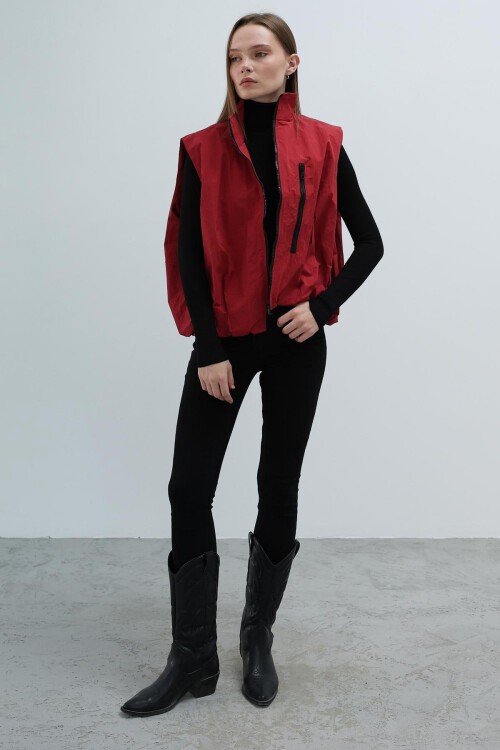 Vişne Fermuar Cepli Beli Lastikli Paraşüt Yelek