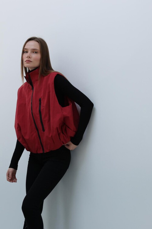 Vişne Fermuar Cepli Beli Lastikli Paraşüt Yelek