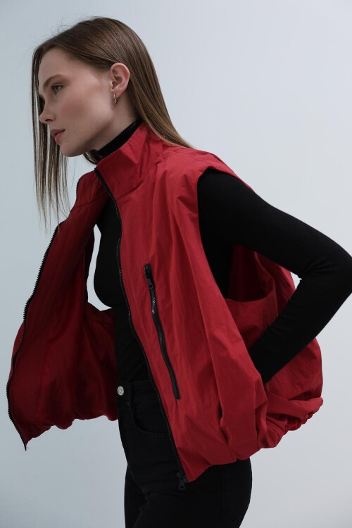 Vişne Fermuar Cepli Beli Lastikli Paraşüt Yelek