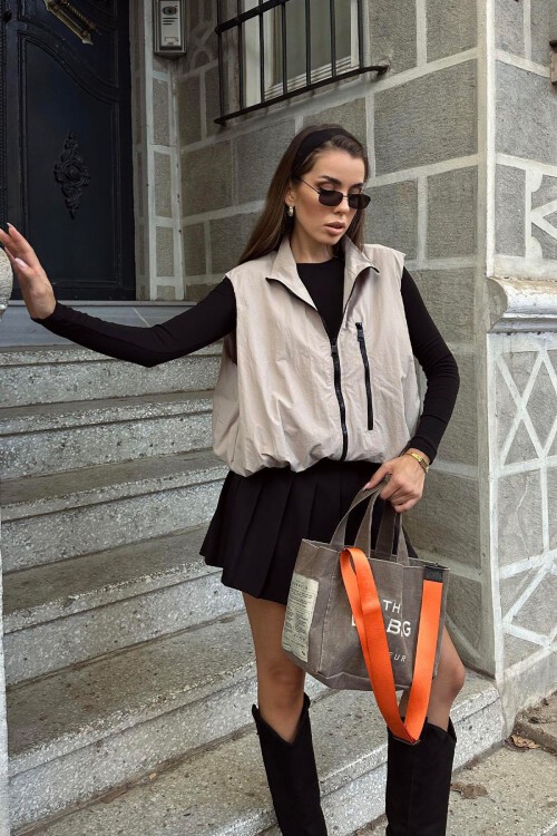 Taş Fermuar Cepli Beli Lastikli Paraşüt Yelek