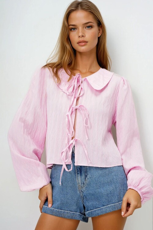 Pembe Bebe Yaka Armürlü Balon Kol Bağlamalı Şönil Dokuma Gömlek