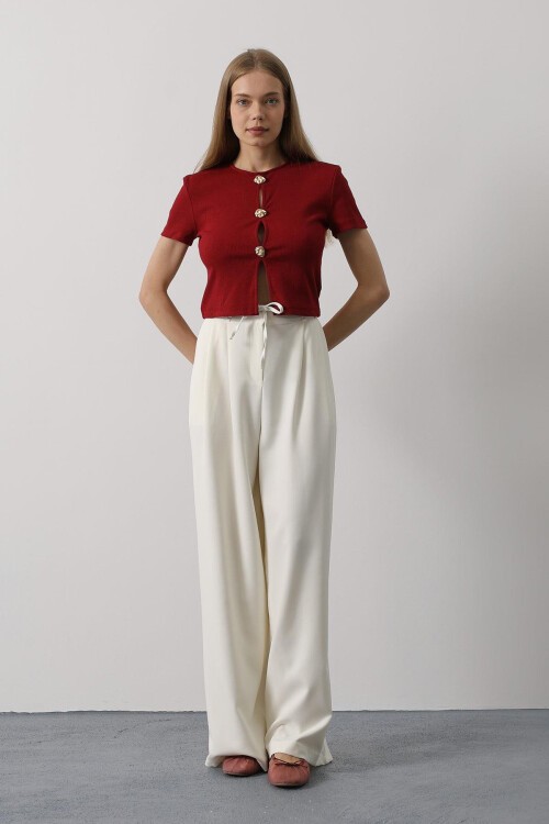 Ekru Çift Cepli Pileli Bağcıklı Oversize Pantolon