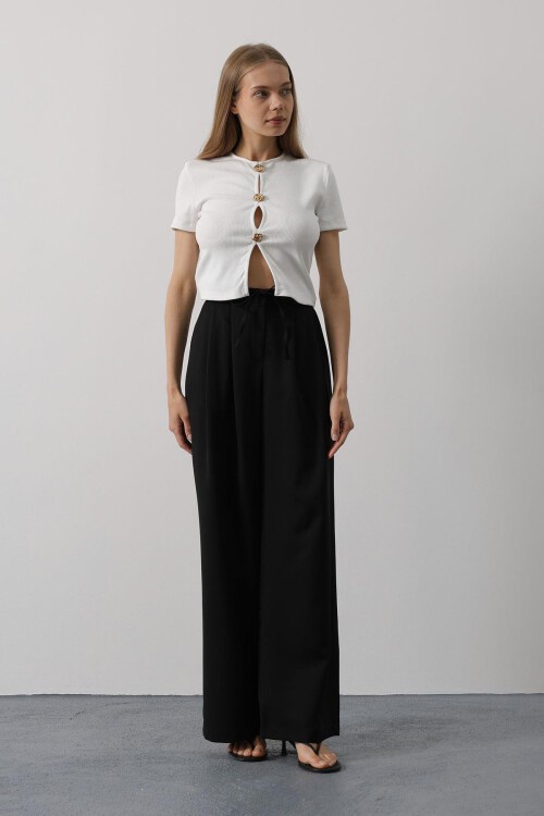 Siyah Çift Cepli Pileli Bağcıklı Oversize Pantolon