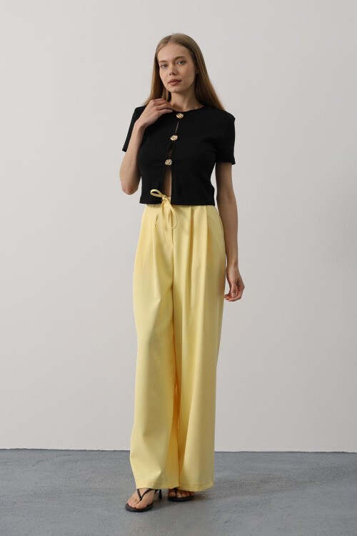 Sarı Çift Cepli Pileli Bağcıklı Oversize Pantolon
