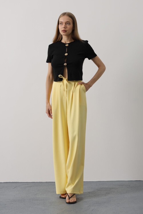 Sarı Çift Cepli Pileli Bağcıklı Oversize Pantolon