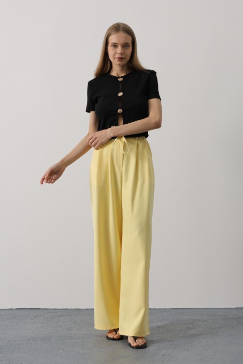 Sarı Çift Cepli Pileli Bağcıklı Oversize Pantolon