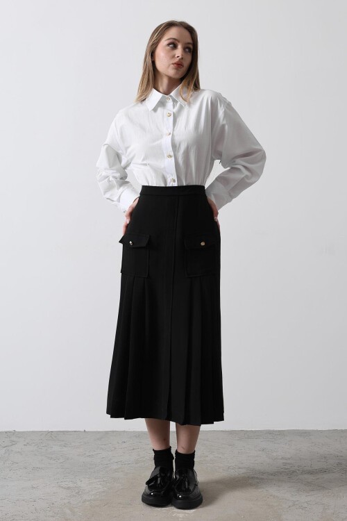 Beyaz Pileli Cep Detaylı Kontrast Gömlek Elbise