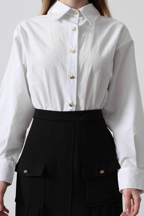 Beyaz Pileli Cep Detaylı Kontrast Gömlek Elbise