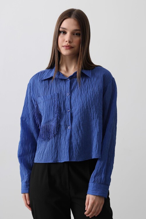 Mavi Püskül Cep Detaylı Kısa Gömlek