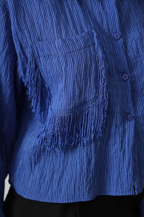 Mavi Püskül Cep Detaylı Kısa Gömlek