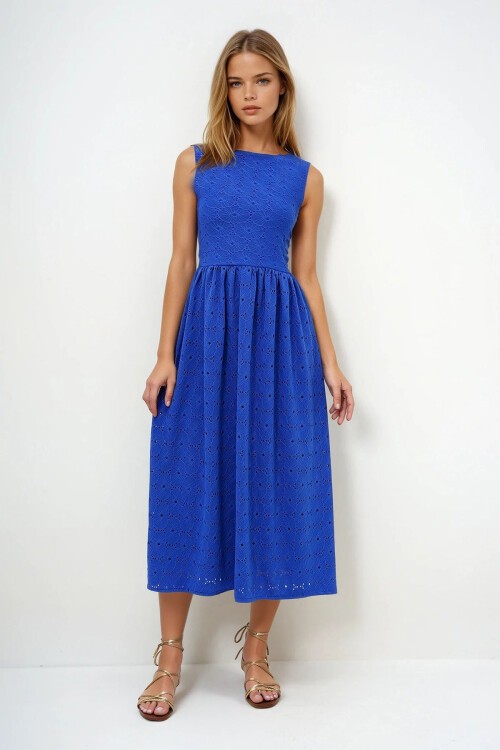 Saks Gizli Fermuarlı Kolsuz Premium Güpür Elbise