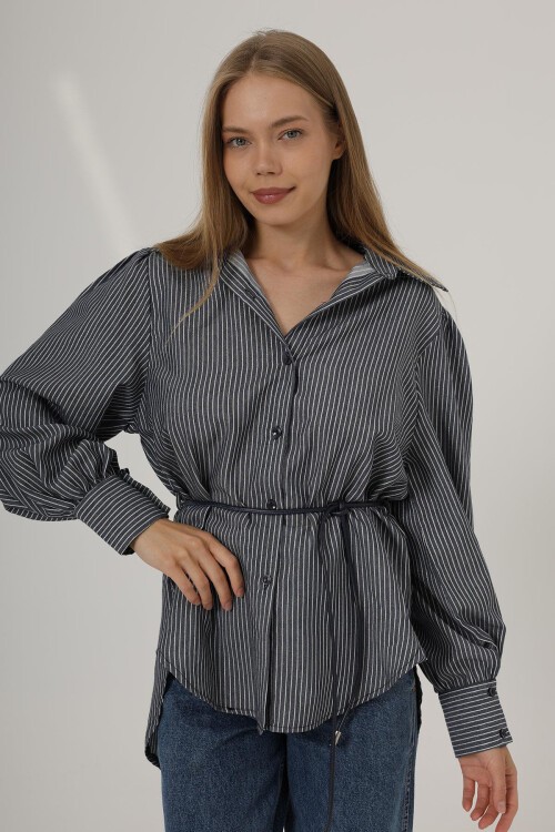Lacivert Çizgili Kemer Detaylı Balon Kol Gömlek
