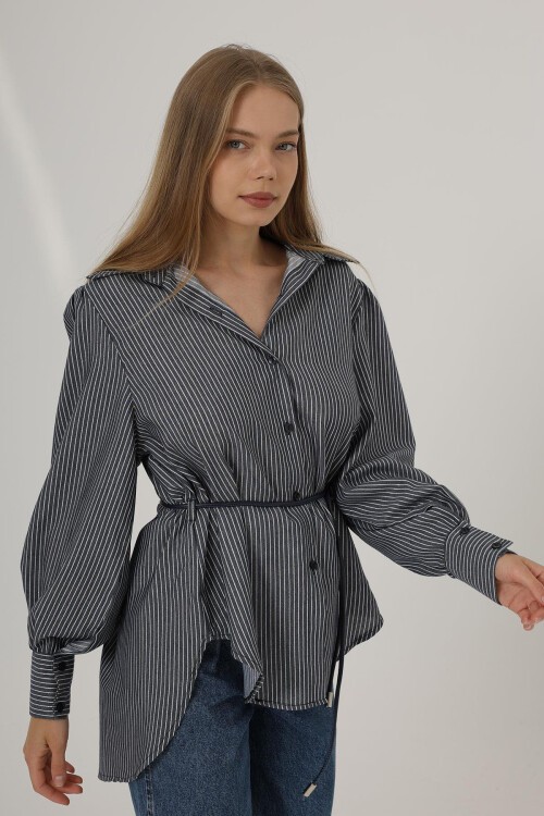 Lacivert Çizgili Kemer Detaylı Balon Kol Gömlek
