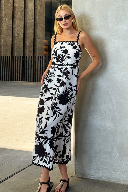 Siyah Ayarlanabilir Askılı Sırtı Gipeli Eteği Fırfırlı Poplin Midi Elbise