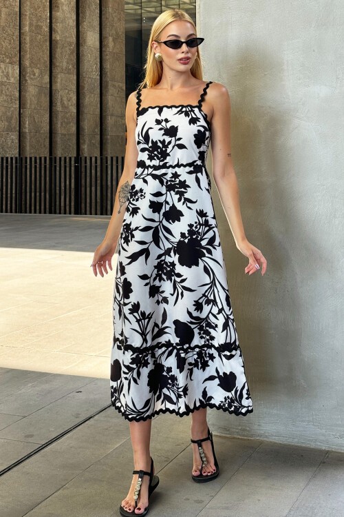 Siyah Ayarlanabilir Askılı Sırtı Gipeli Eteği Fırfırlı Poplin Midi Elbise