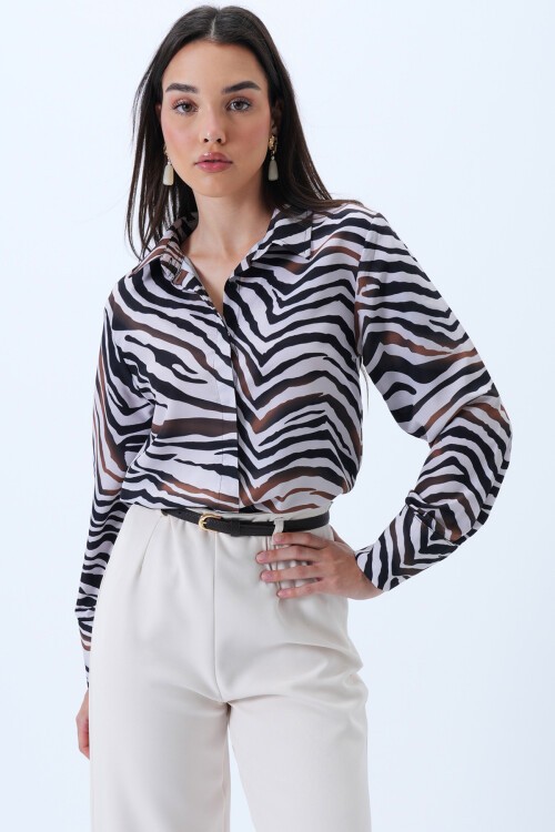 Siyah-Beyaz Zebra Desenli Oversize Gömlek