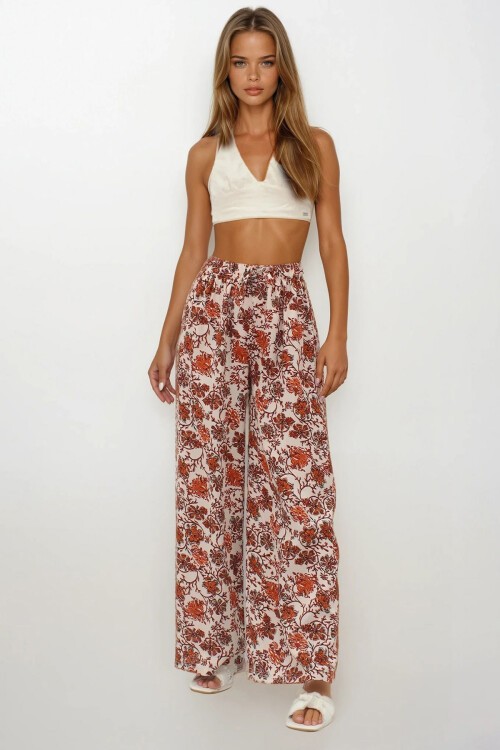 Tarçın Beli Lastikli Keten Palazzo Desenli Pantolon