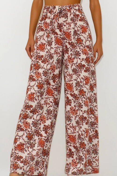 Tarçın Beli Lastikli Keten Palazzo Desenli Pantolon
