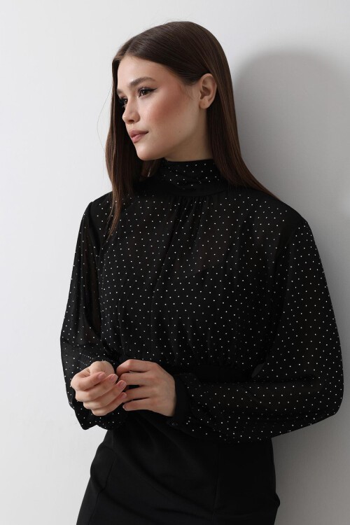 Siyah Balıkçı Yaka Taş Detaylı Şifon Elbise