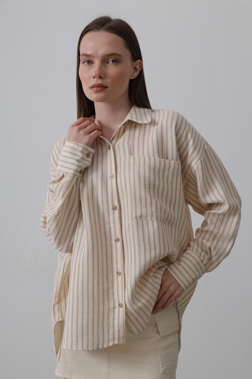 Taba Tek Cepli Çizgili Oversize Gömlek