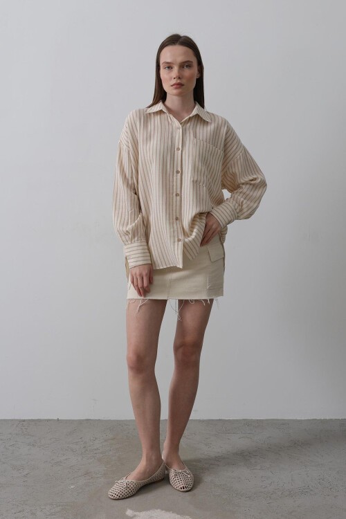 Taba Tek Cepli Çizgili Oversize Gömlek