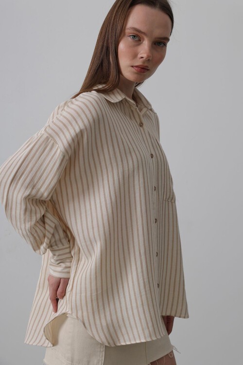 Taba Tek Cepli Çizgili Oversize Gömlek