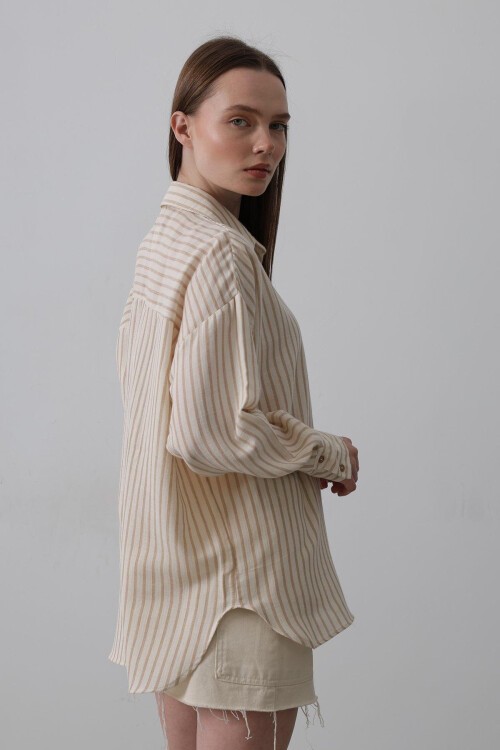 Taba Tek Cepli Çizgili Oversize Gömlek