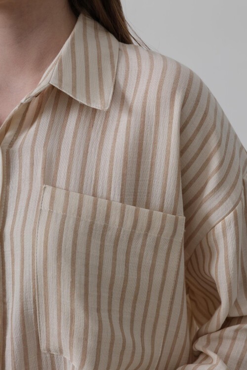 Taba Tek Cepli Çizgili Oversize Gömlek