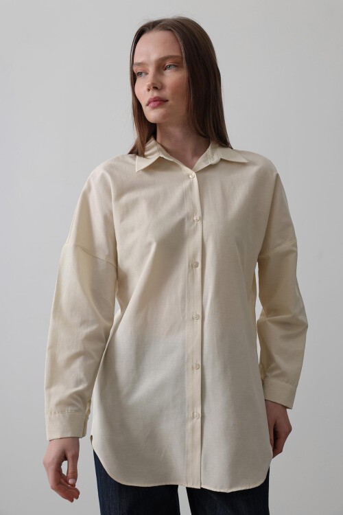 Ekru Uzun Kol Oversize Gömlek