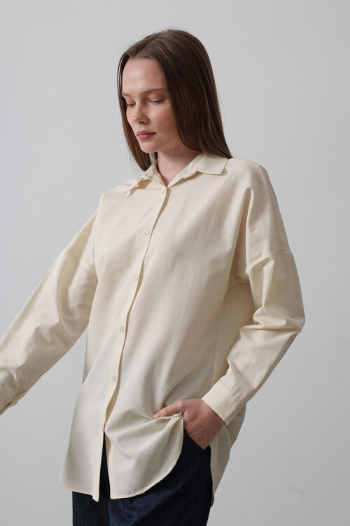 Ekru Uzun Kol Oversize Gömlek