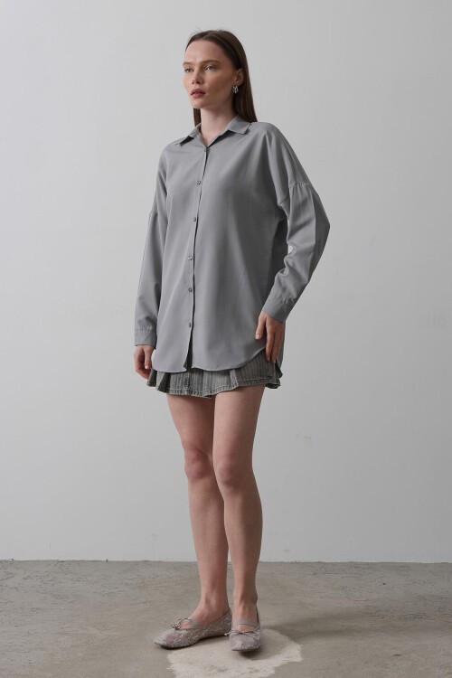 Gri Uzun Kol Oversize Gömlek
