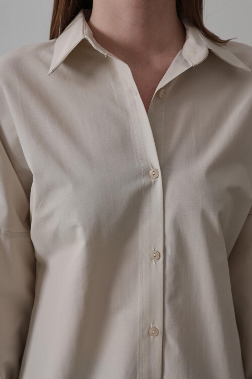 Bej Uzun Kol Oversize Gömlek