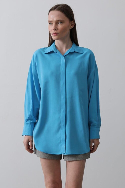 Turkuaz Uzun Kol Oversize Gömlek