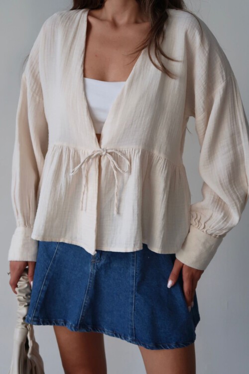 Bej V Yaka Bağcıklı Gömlek Bluz