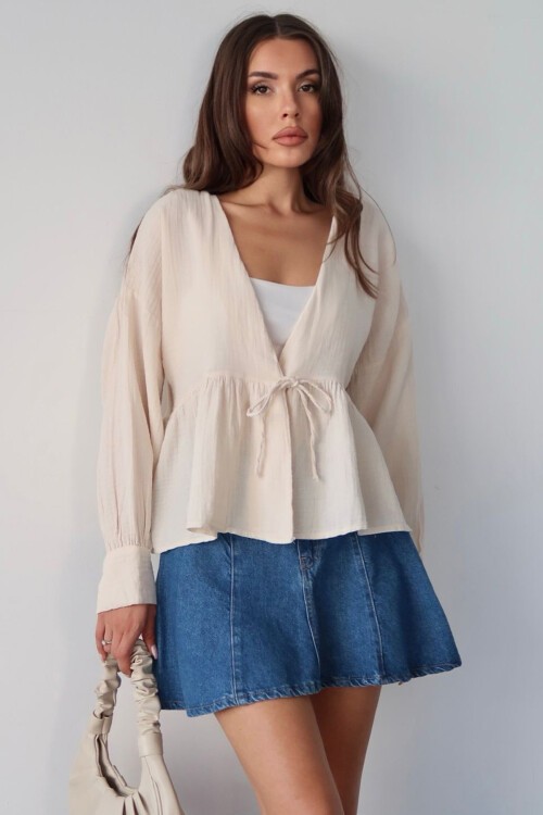 Bej V Yaka Bağcıklı Gömlek Bluz