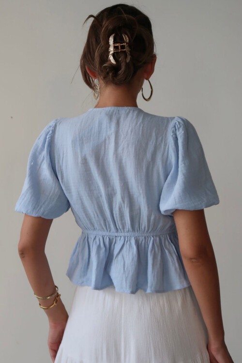 Mavi V Yaka Yarım Kol Önden Bağlamalı Bluz