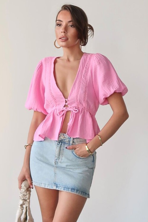 Pembe V Yaka Yarım Kol Önden Bağlamalı Bluz