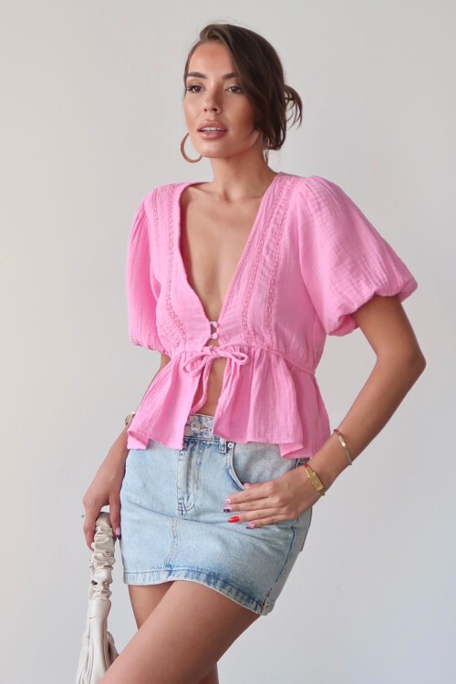 Pembe V Yaka Yarım Kol Önden Bağlamalı Bluz