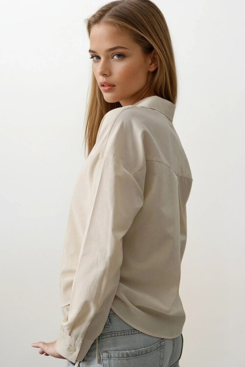 Ekru Yanları Bağlamalı Basic Gömlek