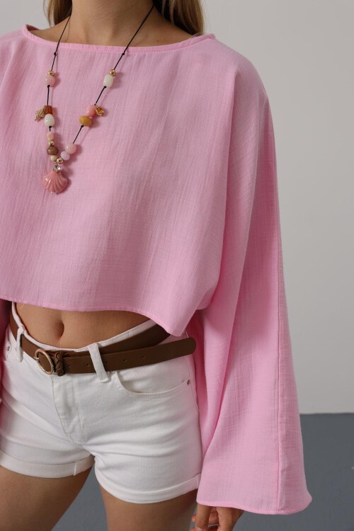 Pembe Bisiklet Yaka Yarasa Kollu Crop Bluz