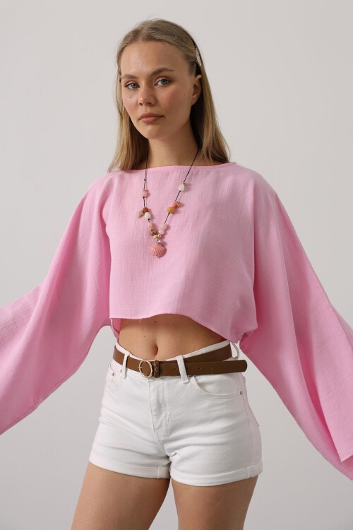 Pembe Bisiklet Yaka Yarasa Kollu Crop Bluz