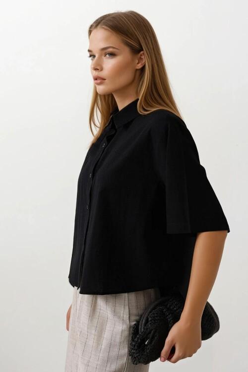 Siyah Yarım Balon Kol Çizgili Gömlek