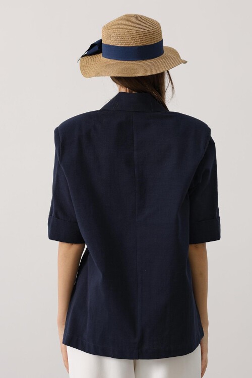 Lacivert Yarım Kol Oversize Yırtmaçlı Ceket