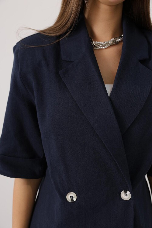 Lacivert Yarım Kol Oversize Yırtmaçlı Ceket