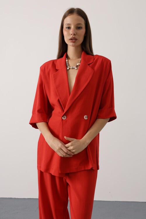 Kırmızı Yarım Kol Oversize Yırtmaçlı Ceket