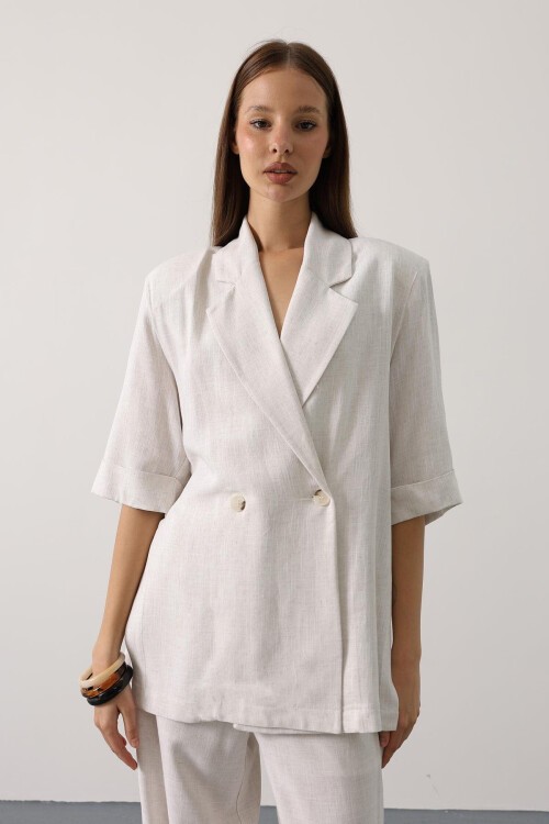 Krem Yarım Kol Oversize Yırtmaçlı Ceket