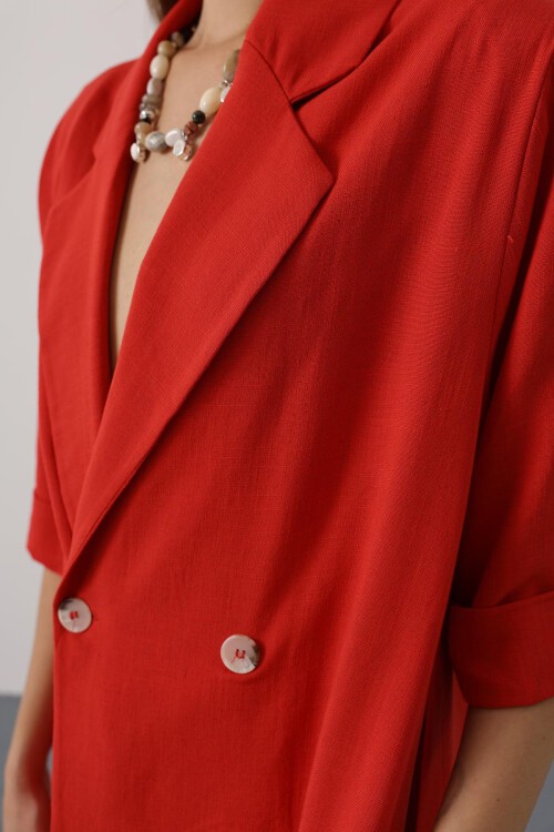 Kırmızı Yarım Kol Oversize Yırtmaçlı Ceket